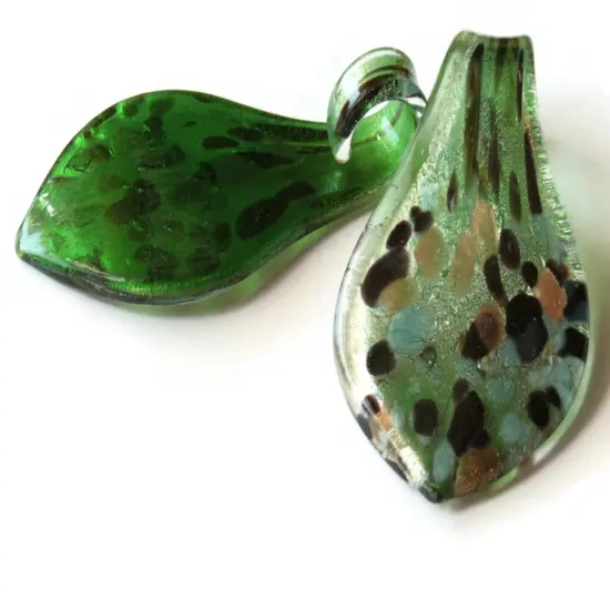 64mm Green with Gold and Brown Spots Foil Glass Pendant Lampwork Glass Spoon Pendant {6}