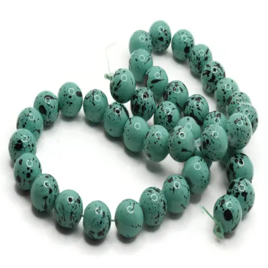 40 10mm Teal Green with Black Splatter Paint Smooth Round Glass Beads {2}
