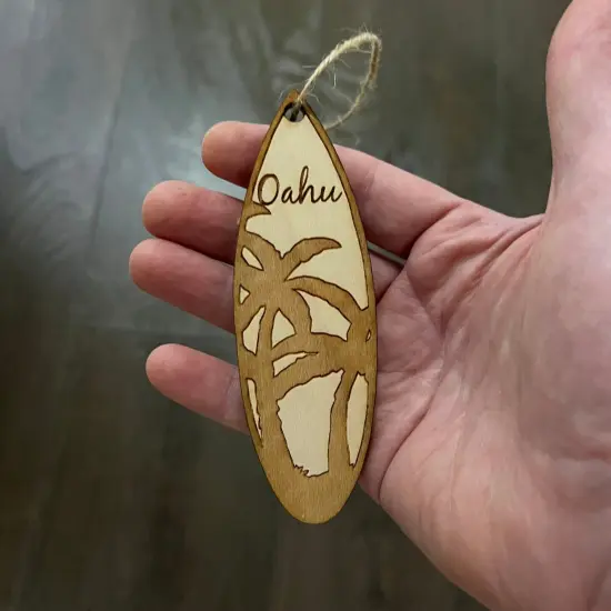 Ornament - Oahu Palm Tree Surfboard - Raw Wood Maple {6}