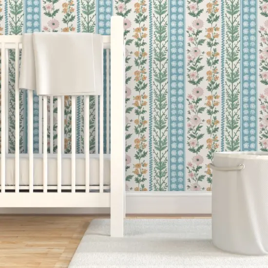 Pre-Pasted Wallpaper 2FT Wide Floral Stripes Pink Green Blue Botanical Flowers Custom Pre-pasted Wallpaper by Spoonflower {7}