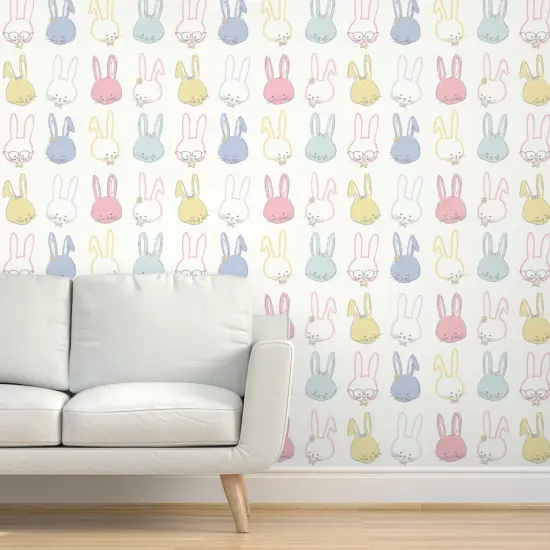 Peel & Stick Wallpaper 2FT Wide Easter Bunnies Pastel Spring Periwinkle Lilac Blue Pink Ivory Garden Hand Drawn Whimsical Rabbits Custom Removable Wallpaper by Spoonflower {5}