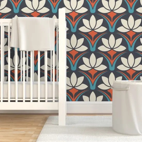 Pre-Pasted Wallpaper 2FT Wide Art Deco Retro Floral Geometric Lotus Nouveau 70S Groovy Boho Scandi Blue Custom Pre-pasted Wallpaper by Spoonflower {7}