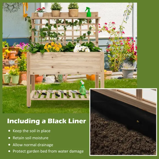 Wooden Raised Garden Bed with Wheels Trellis and Storage Shelf {6}