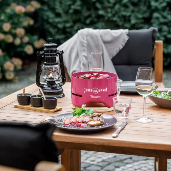 Petromax Feuerhand Tamber Tabletop Charcoal Grill, Powder-Coated Steel for Outdoor Use, Wood Lid, 7.9 inch diameter, Telemagenta {6}