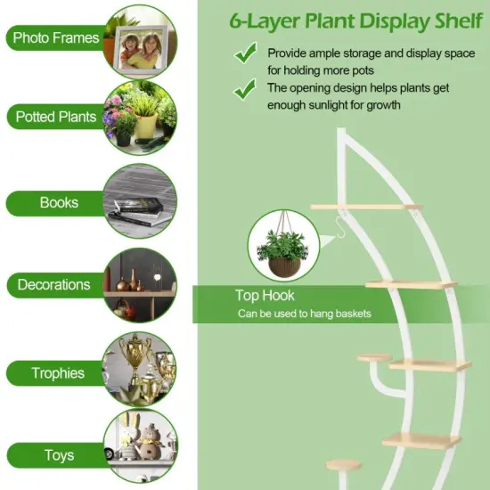 6 Tier 9 Potted Metal Plant Stand Holder Display Shelf with Hook White {2}