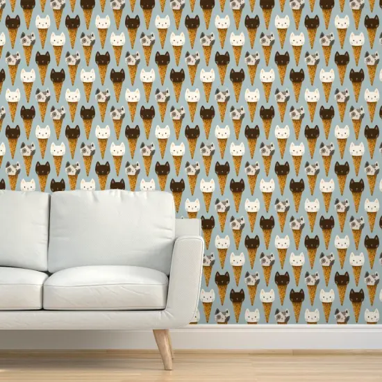 Peel & Stick Wallpaper 2FT Wide Whimsical Cats Ice Cream Cute Kittens Cone Kids Blue Sweet Food Animals Custom Removable Wallpaper by Spoonflower {5}