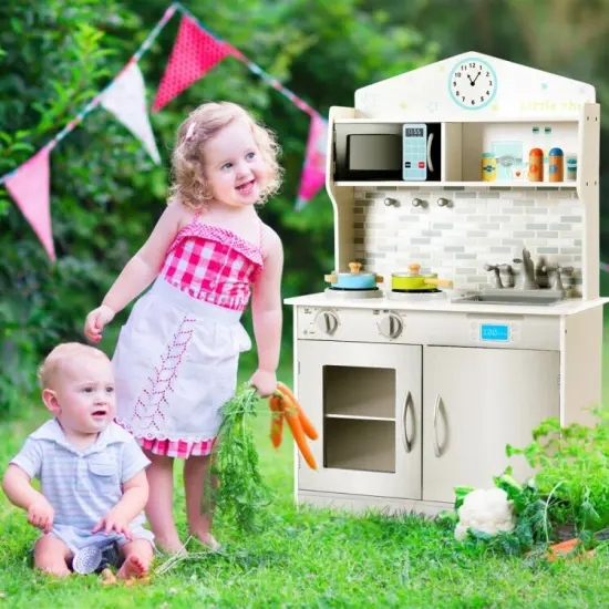 Kids Wooden Pretend Kitchen Cooking Playset Ideal Gift for Birthdays or Any Special Occasion Beige {5}