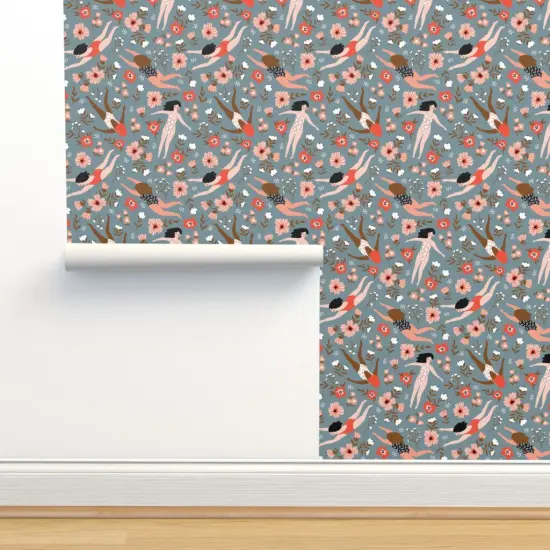Peel & Stick Wallpaper 2FT Wide Ditsy Floral Whimsical Swim Beach Lake Summer Feminine Small Scale Blue Red Custom Removable Wallpaper by Spoonflower {2}