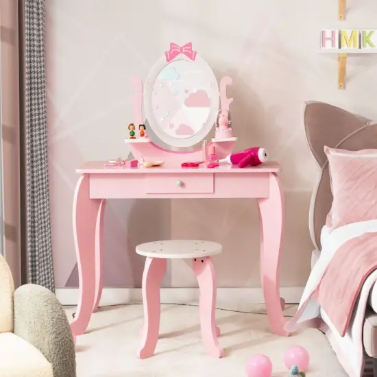 Kid Vanity Table Stool Set with Oval Rotatable Mirror-Pink {6}