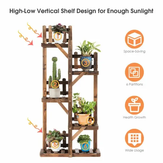 5-Tier Flower Rack Wood Plant Stand with 6 Pots Display Shelf {5}