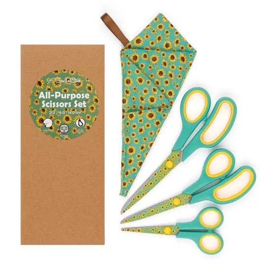 Special Gift Box Soft Grip Sunflowers Scissors Set - 3 Sizes - Handmade Fabric Case - All-Purpose Crafts, Office & School - Stainless Steel {2}