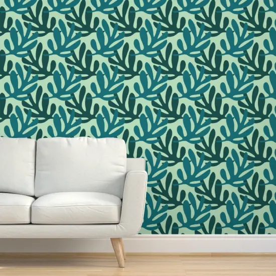 Pre-Pasted Wallpaper 2FT Wide Leaves Silhouette Green Monochrome Plant Botanical Nature Custom Pre-pasted Wallpaper by Spoonflower {5}