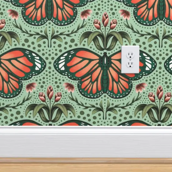 Pre-Pasted Wallpaper 2FT Wide Monarch Damask Aqua Mint Large Scale Botanical Tulip Floral Custom Pre-pasted Wallpaper by Spoonflower {4}