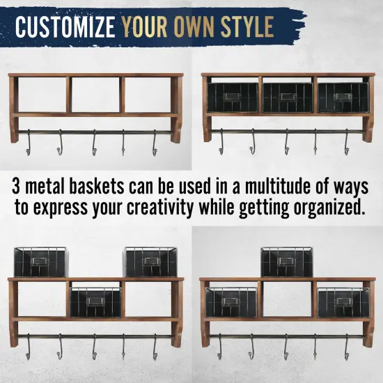 HBCY Creations Rustic Coat Rack Wall Mounted Shelf with Hooks & Baskets, Entryway Organizer Wall Shelf with 5 Coat Hooks and Cubbies Rustic Brown {5}