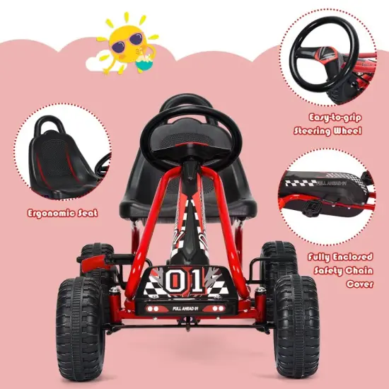 Iron Pedal Powered Ride On Car Go Kart for Kids with Adjustable Seat Red {5}