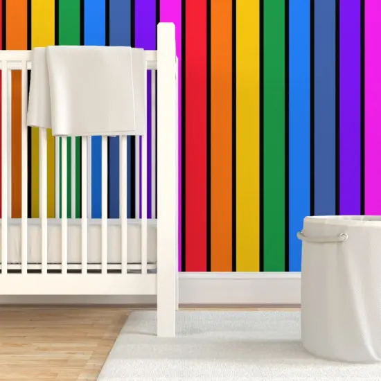 Pre-Pasted Wallpaper 2FT Wide Rainbow Vertical Stripe Bright Black Striped Large Scale Dopamine Home Pride Lgbtqia Custom Pre-pasted Wallpaper by Spoonflower {7}
