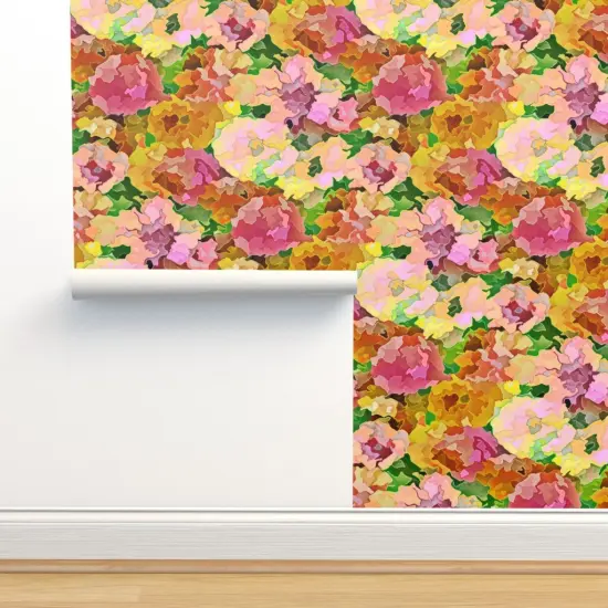 Pre-Pasted Wallpaper 2FT Wide Pink Floral Botanical Water Color Summer Spring Flowers Garden Meadow Impressionist Custom Pre-pasted Wallpaper by Spoonflower {2}