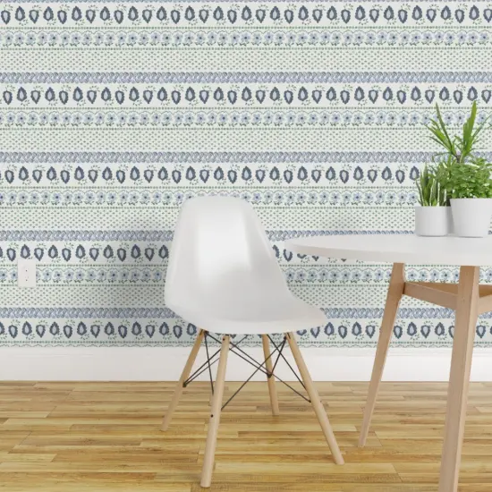 Pre-Pasted Wallpaper 2FT Wide Boho Stripe Paisley Floral French Provincial Clovers Grandmillennial Cottagecore Dots Blue Green Custom Pre-pasted Wallpaper by Spoonflower {1}