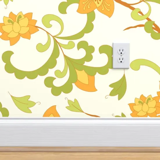 Pre-Pasted Wallpaper 2FT Wide Trailing Floral Orange Chintz Indian Botanical Green Cream Retro Flowers Custom Pre-pasted Wallpaper by Spoonflower {4}