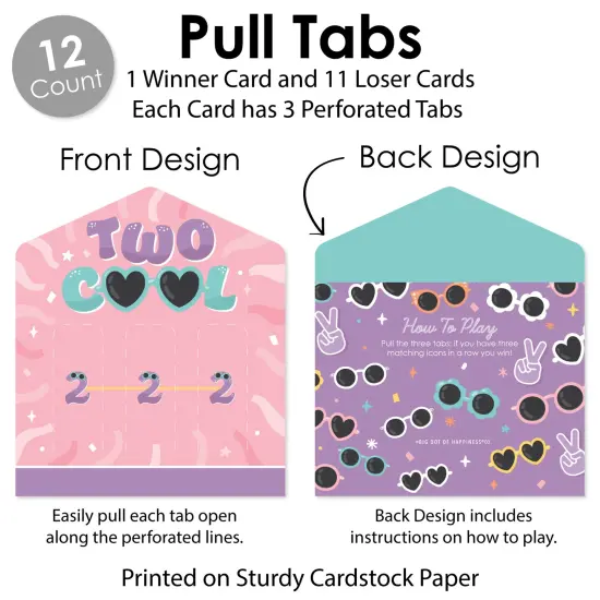 Big Dot of Happiness Two Cool - Girl - Pastel 2nd Birthday Party Game Pickle Cards - Pull Tabs 3-in-a-Row - Set of 12 {6}