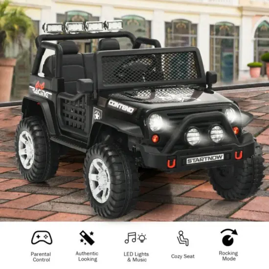 12V Kids Remote Control Electric Ride On Truck Car with Lights and Music Black {5}