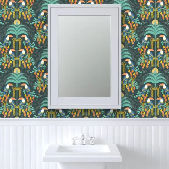 Peel & Stick Wallpaper 2FT Wide Rainforest Damask Dark Tropical Forest Exotic Birds Fruit Soft Orange Coral Salmon Bright Pastel Boho Yellow Mint Blue Large Scale Custom Removable Wallpaper by Spoonflower {6}