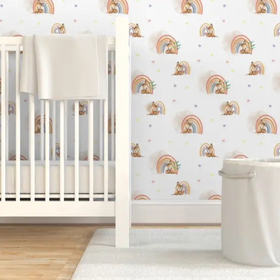 Pre-Pasted Wallpaper 2FT Wide Woodland Baby Cute Fawn Watercolor Rainbow Kids Forest Deer Animals Custom Pre-pasted Wallpaper by Spoonflower {7}