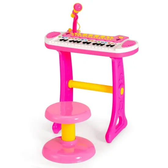 Kids Piano Keyboard with Adjustable Microphone and Stool Pink {8}