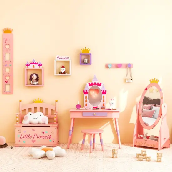 Kids Princess Vanity Table and Stool Set with Drawer and Mirror-Pink {4}