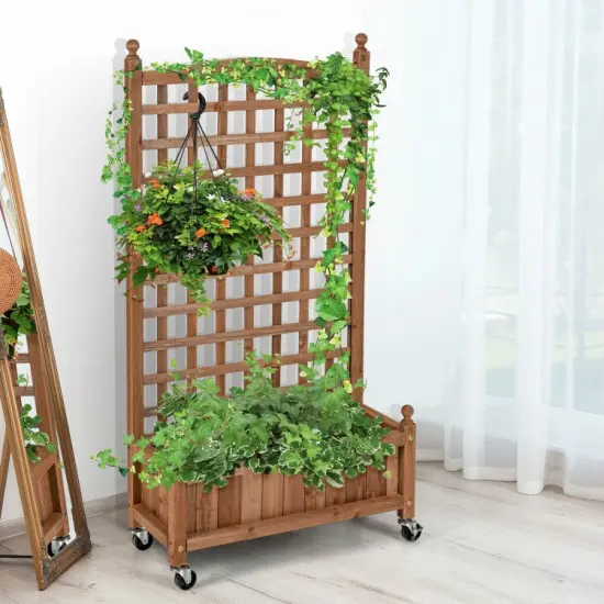 50 Inch Wood Planter Box with Trellis Mobile Raised Bed for Climbing Plant {5}