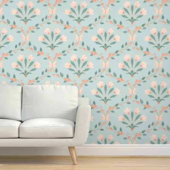 Pre-Pasted Wallpaper 2FT Wide Floral Damask Butterflies Spring Flowers Symmetrical Tulips Leaves Botanical Custom Pre-pasted Wallpaper by Spoonflower {5}