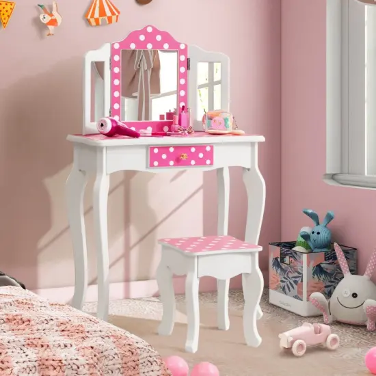Kids Vanity Table and Stool Set with Cute Polka Dot Print-Pink {6}