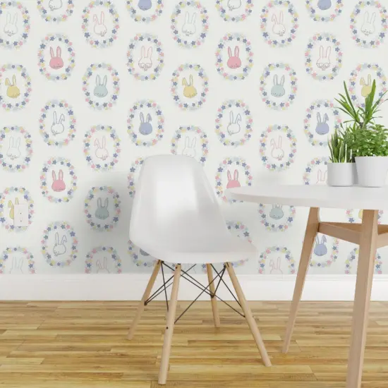 Peel & Stick Wallpaper 2FT Wide Easter Bunnies Pastel Floral Spring Flowers Periwinkle Lilac Blue Pink Ivory Garden Hand Drawn Whimsical Rabbits Custom Removable Wallpaper by Spoonflower {1}