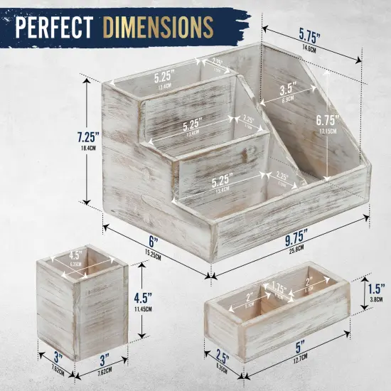 HBCY Creations 3 PIECE Desk Organizer Set- Rustic Mail Organizer For Desktop - Great For Rustic or Industrial Decor! Makeup Organizer For Vanity White Wash {5}