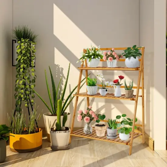3-Tier Wicker Foldable Plant Stand with Display Shelf Rack {6}