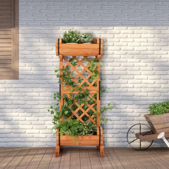 2-Tier Wooden Raised Garden Bed with Trellis-Orange {5}