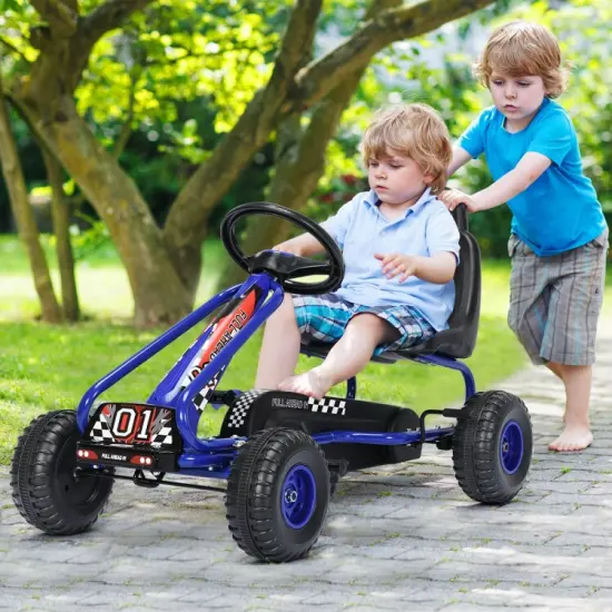 Iron Pedal Powered Ride On Car Go Kart for Kids with Adjustable Seat Blue {4}