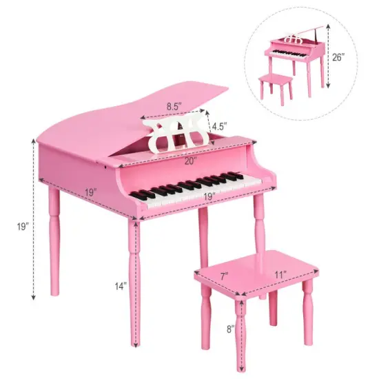 30-Key Wood Toy Kids Grand Piano with Bench and Music Rack Pink {6}