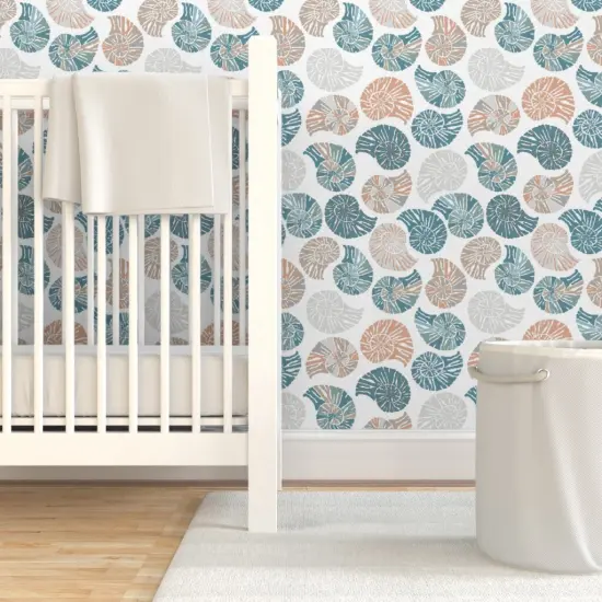 Pre-Pasted Wallpaper 2FT Wide Coastal Shells Beach Blue Terra Cotta Seashells Nautical Custom Pre-pasted Wallpaper by Spoonflower {7}