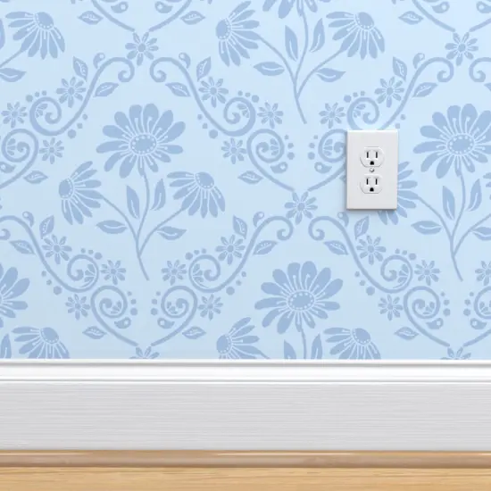 Peel & Stick Wallpaper 2FT Wide Blue Daisy Boho Style Damask Victorian Floral Botanical Edwardian Farmhouse Kitsch Custom Removable Wallpaper by Spoonflower {4}