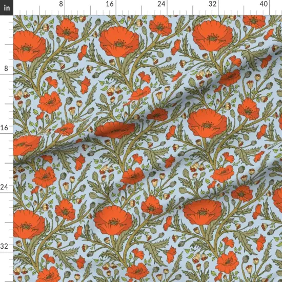 Various Fabrics by the Yard or Fat Quarter Red Poppies Blue Green Hand Drawn Floral Vines Custom Printed Fabric by Spoonflower {1}