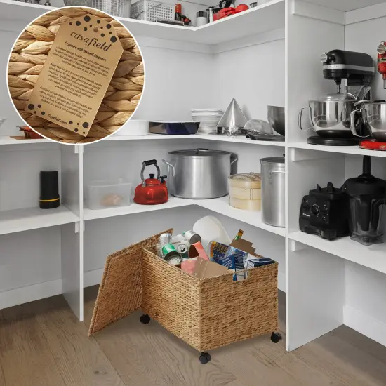 Casafield Rolling Storage Basket Cart with Lid and Locking Wheels - Handwoven Water Hyacinth Divided Recycling Sorting Bin for Kitchen, Laundry Room, Garage {2}
