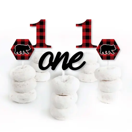 Big Dot of Happiness 1st Birthday Lumberjack - Channel the Flannel - Dessert Cupcake Toppers - Plaid First Birthday Party Clear Treat Picks - 24 Ct {3}