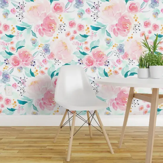 Pre-Pasted Wallpaper 2FT Wide Blooms, Mermaid Lagoon, Floral, Pink, Peach, Spring, Girls Room, Nursery Custom Pre-pasted Wallpaper by Spoonflower {1}