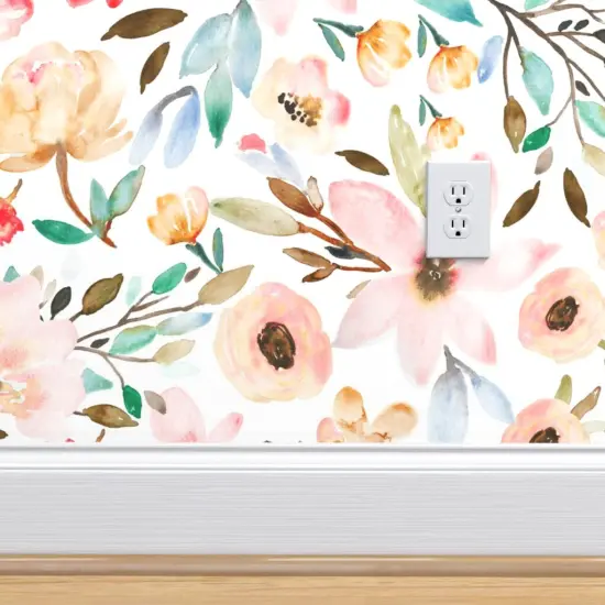 Pre-Pasted Wallpaper 2FT Wide Bloom Floral Watercolor Garden Botanical Nursery Spring Kitchen Custom Pre-pasted Wallpaper by Spoonflower {4}
