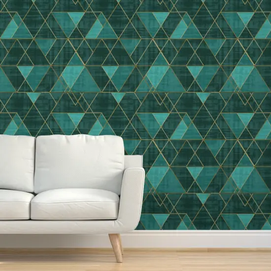 Peel & Stick Wallpaper 2FT Wide Geometric Modern Triangles Abstract Blue Green Gold Boho Glam Custom Removable Wallpaper by Spoonflower {5}