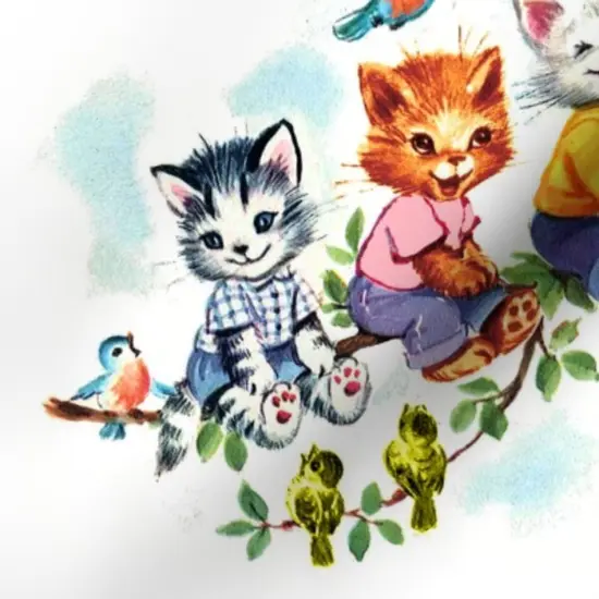 Various Fabrics by the Yard or Fat Quarter Vintage Retro Kitsch Cats Kittens Birds Sky Clouds Children Nursery Trees Leaves Kids Fairy Custom Printed Fabric by Spoonflower {7}
