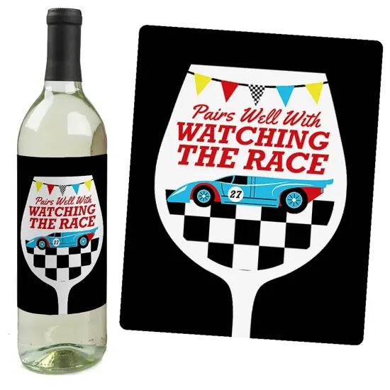 Big Dot of Happiness Let's Go Racing - Racecar Decorations for Women and Men - Race Car Party Wine Bottle Label Stickers - Set of 4 {6}
