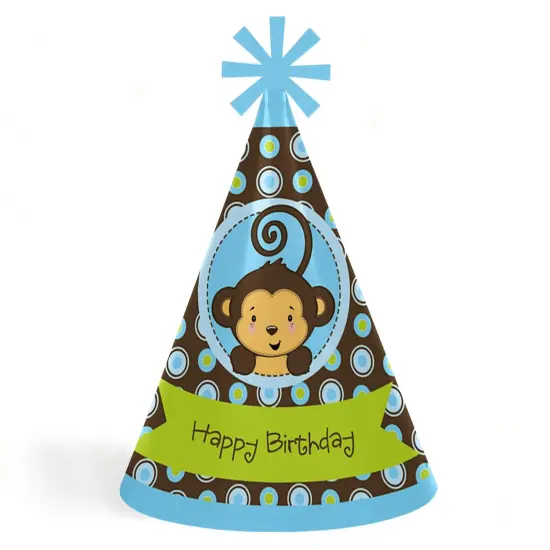 Big Dot of Happiness Blue Monkey Boy - Cone Happy Birthday Party Hats for Kids and Adults - Set of 8 (Standard Size) {1}