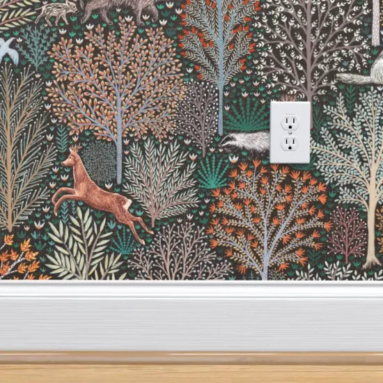 Pre-Pasted Wallpaper 2FT Wide Rustic Woodland Whimsical Forest Animals Deer Wolf Birds Trees Woods Nature Fall Autumn Leaves Custom Pre-pasted Wallpaper by Spoonflower {4}